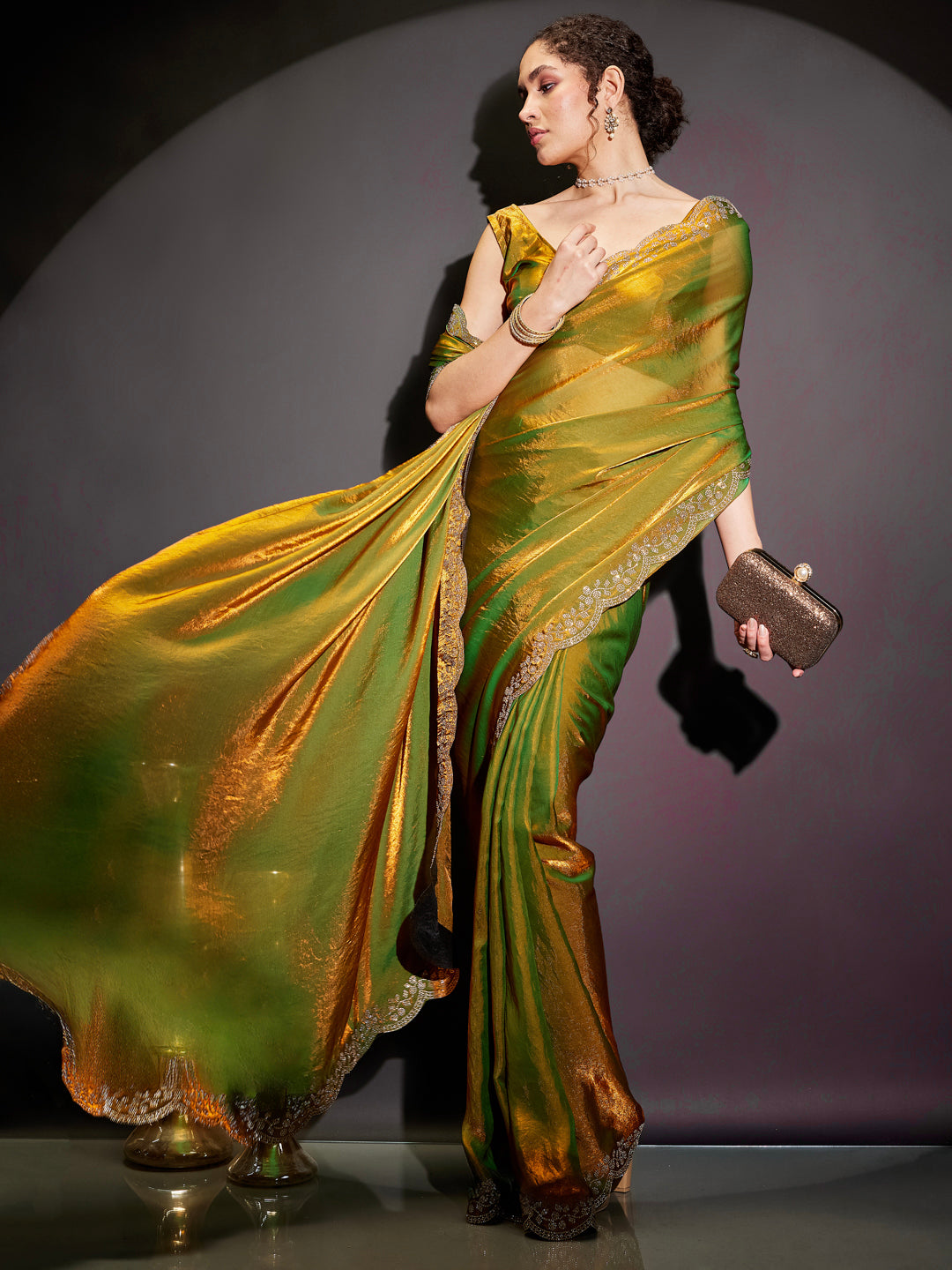 Janasya Women's Green & Gold Tissue Silk One-Minute Ready-to-Wear Embellished Saree with Unstitched Blouse