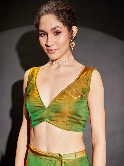 Janasya Women's Green & Gold Tissue Silk One-Minute Ready-to-Wear Embellished Saree with Unstitched Blouse