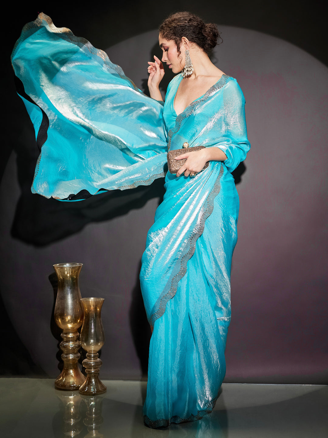 Janasya Women's Light Blue Tissue Silk One-Minute Ready-to-Wear Embellished Saree with Unstitched Blouse