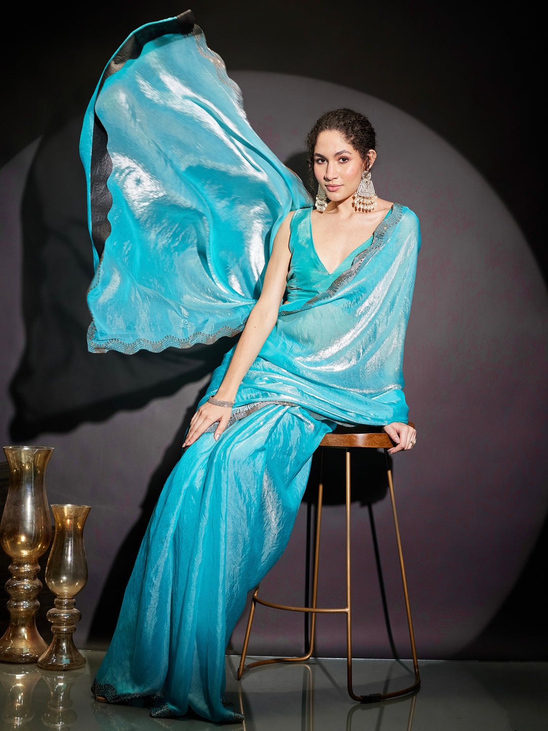 Janasya Women's Light Blue Tissue Silk One-Minute Ready-to-Wear Embellished Saree with Unstitched Blouse