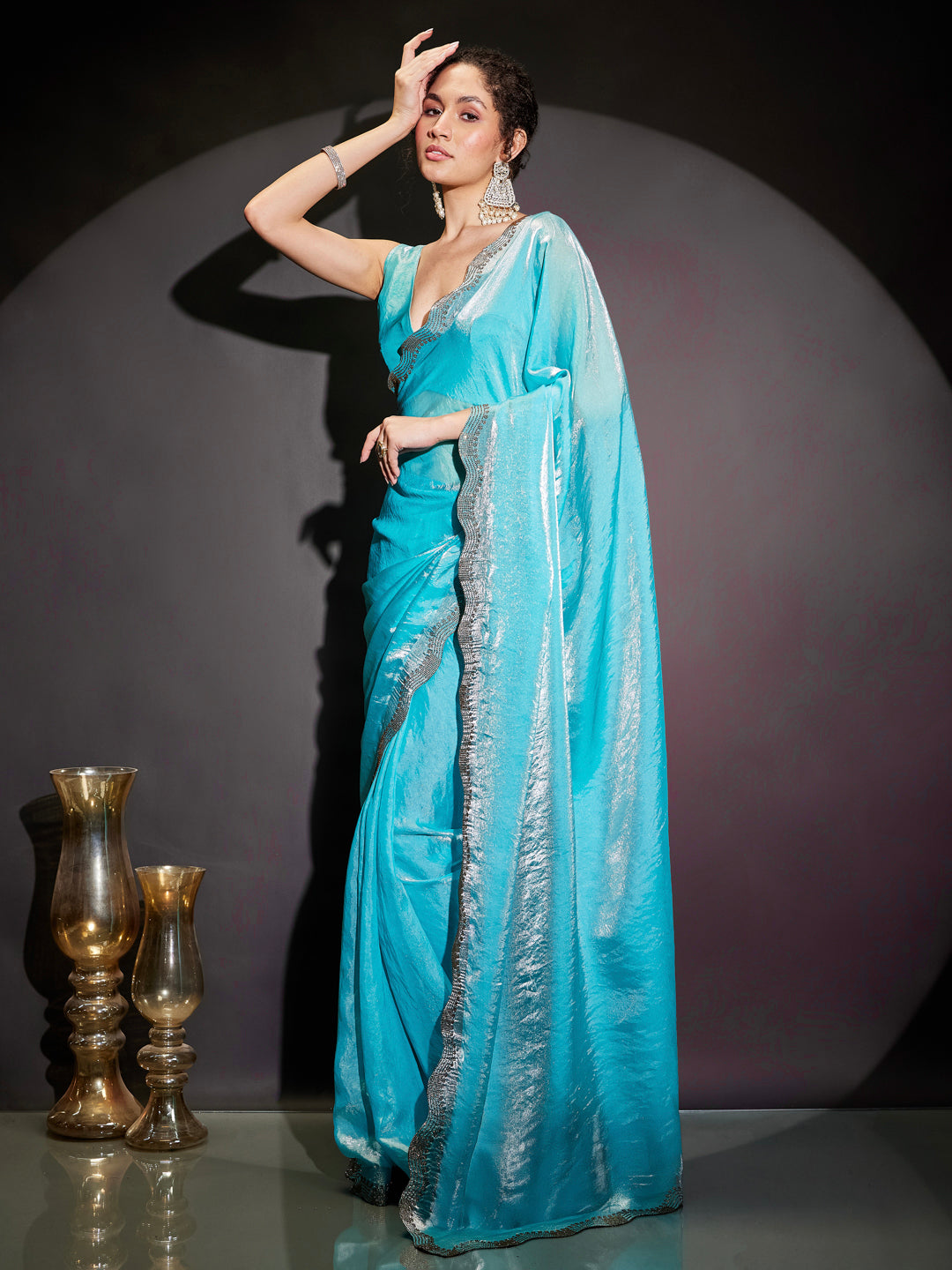 Janasya Women's Light Blue Tissue Silk One-Minute Ready-to-Wear Embellished Saree with Unstitched Blouse