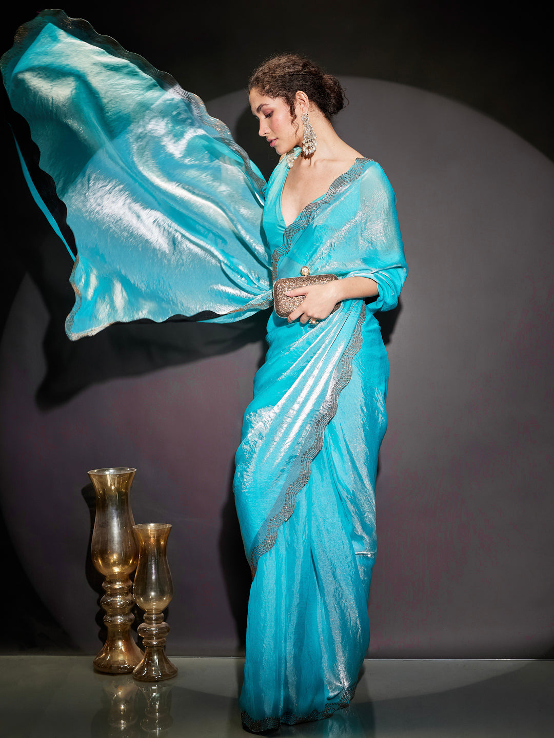 Janasya Women's Light Blue Tissue Silk One-Minute Ready-to-Wear Embellished Saree with Unstitched Blouse
