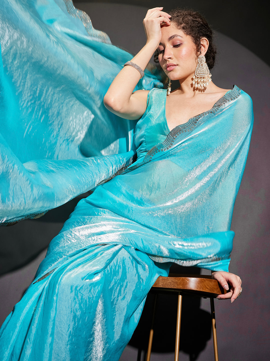 Janasya Women's Light Blue Tissue Silk One-Minute Ready-to-Wear Embellished Saree with Unstitched Blouse