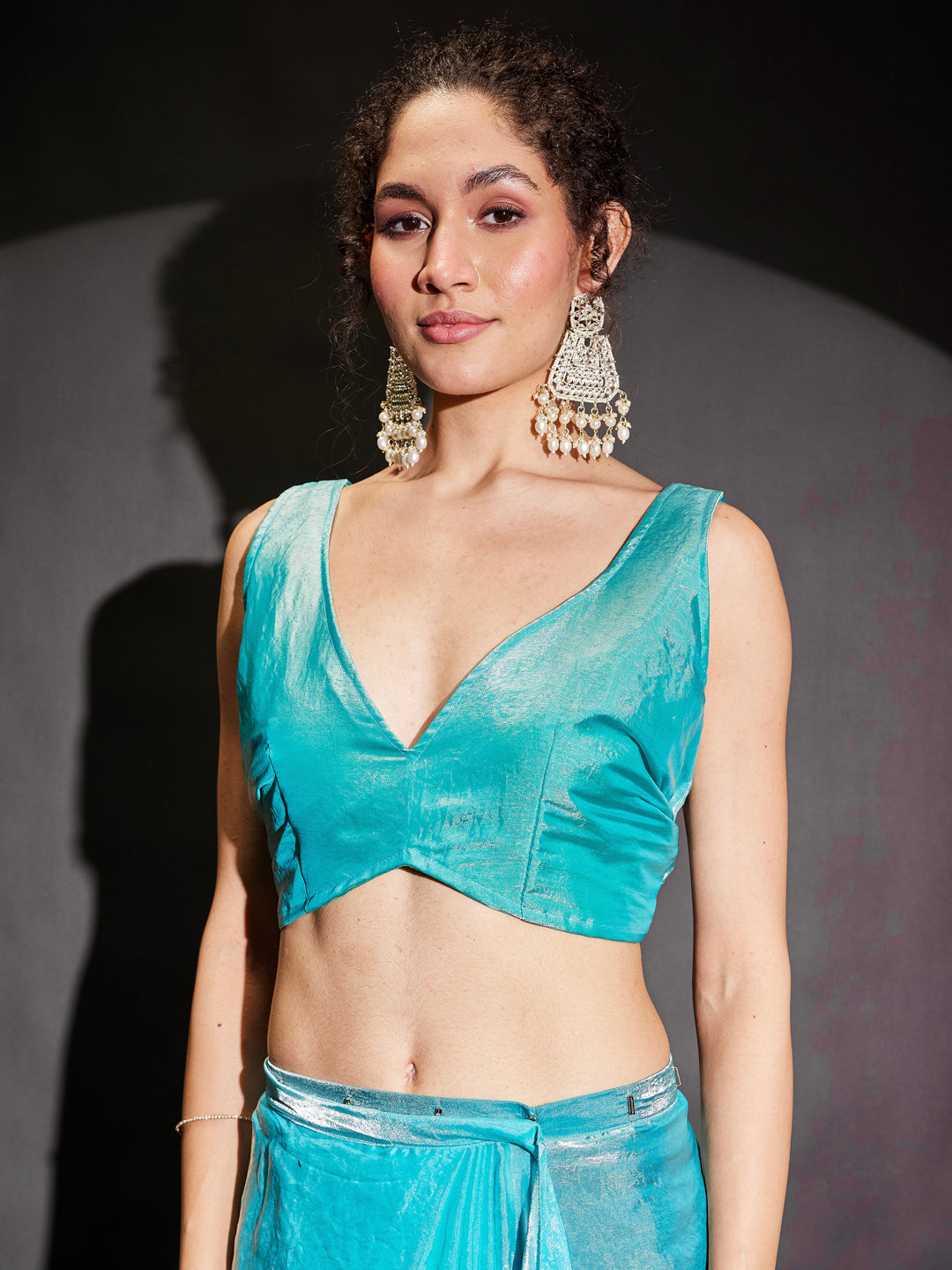 Janasya Women's Light Blue Tissue Silk One-Minute Ready-to-Wear Embellished Saree with Unstitched Blouse