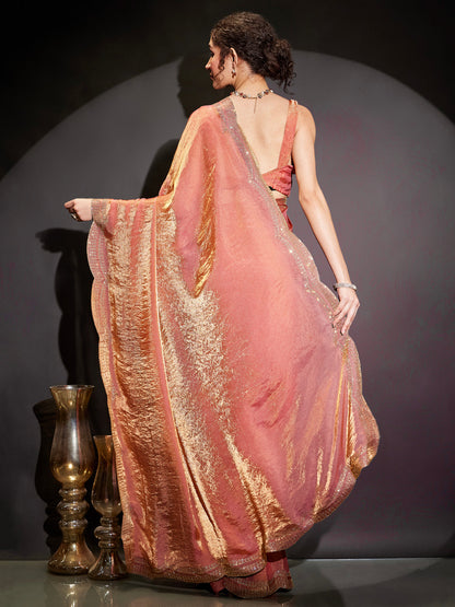 Janasya Women's Peach Tissue Silk One-Minute Ready-to-Wear Embellished Saree with Unstitched Blouse