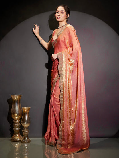 Janasya Women's Peach Tissue Silk One-Minute Ready-to-Wear Embellished Saree with Unstitched Blouse