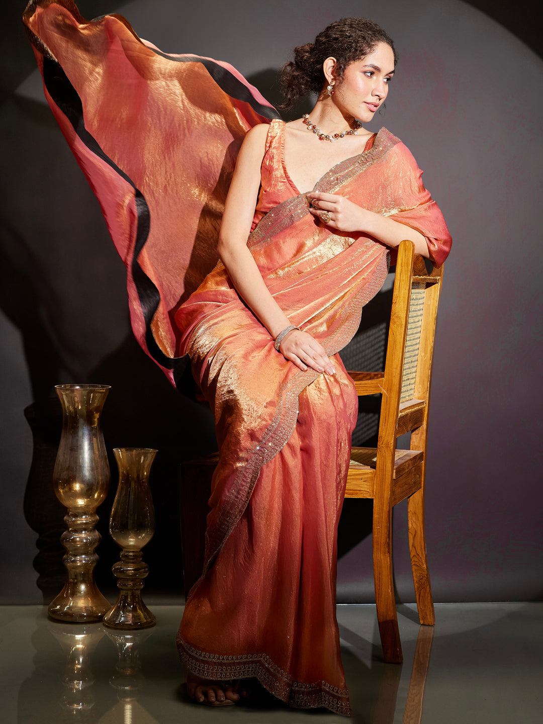 Janasya Women's Peach Tissue Silk One-Minute Ready-to-Wear Embellished Saree with Unstitched Blouse