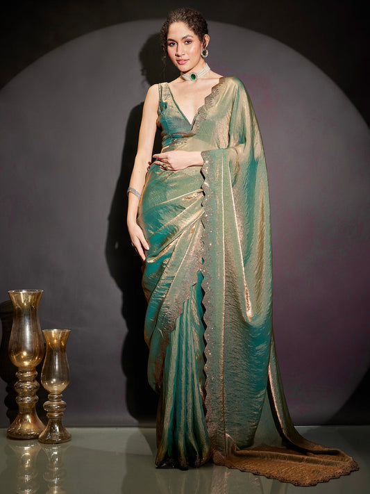 Janasya Women's Green & Gold Tissue Silk One-Minute Ready-to-Wear Embellished Saree with Unstitched Blouse