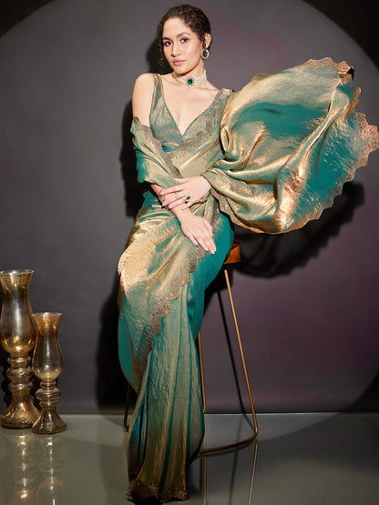 Janasya Women's Green & Gold Tissue Silk One-Minute Ready-to-Wear Embellished Saree with Unstitched Blouse