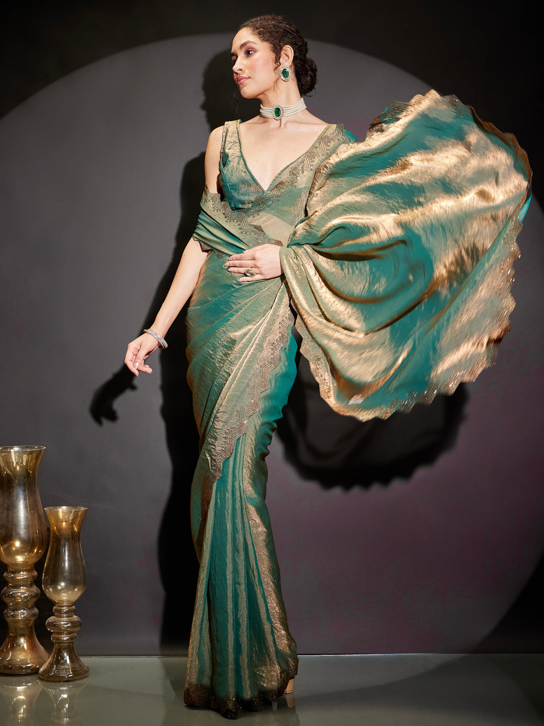 Janasya Women's Green & Gold Tissue Silk One-Minute Ready-to-Wear Embellished Saree with Unstitched Blouse