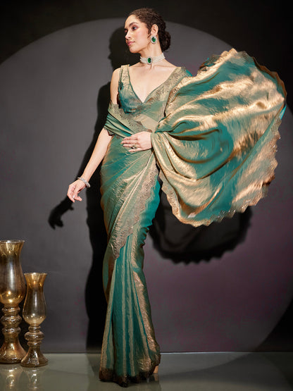 Janasya Women's Green & Gold Tissue Silk One-Minute Ready-to-Wear Embellished Saree with Unstitched Blouse
