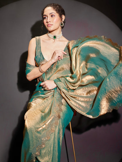 Janasya Women's Green & Gold Tissue Silk One-Minute Ready-to-Wear Embellished Saree with Unstitched Blouse