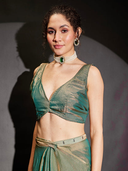 Janasya Women's Green & Gold Tissue Silk One-Minute Ready-to-Wear Embellished Saree with Unstitched Blouse