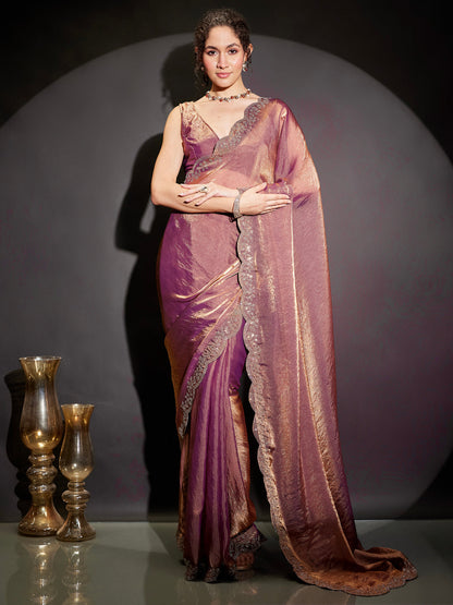 Janasya Women's Purple & Gold Tissue Silk One-Minute Ready-to-Wear Embellished Saree with Unstitched Blouse