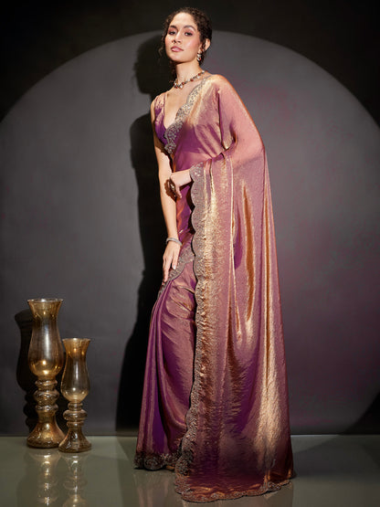 Janasya Women's Purple & Gold Tissue Silk One-Minute Ready-to-Wear Embellished Saree with Unstitched Blouse