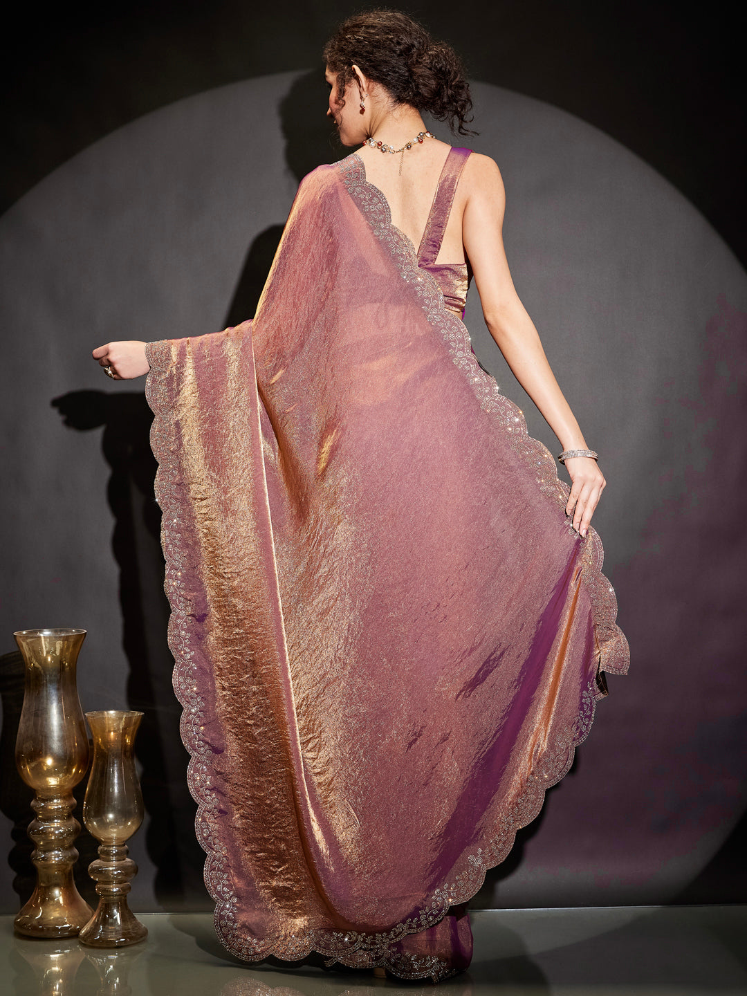 Janasya Women's Purple & Gold Tissue Silk One-Minute Ready-to-Wear Embellished Saree with Unstitched Blouse