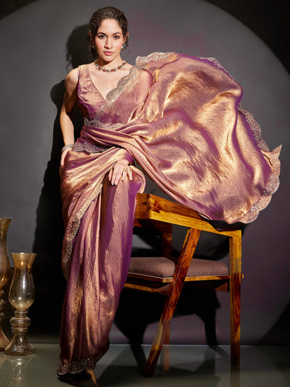 Janasya Women's Purple & Gold Tissue Silk One-Minute Ready-to-Wear Embellished Saree with Unstitched Blouse