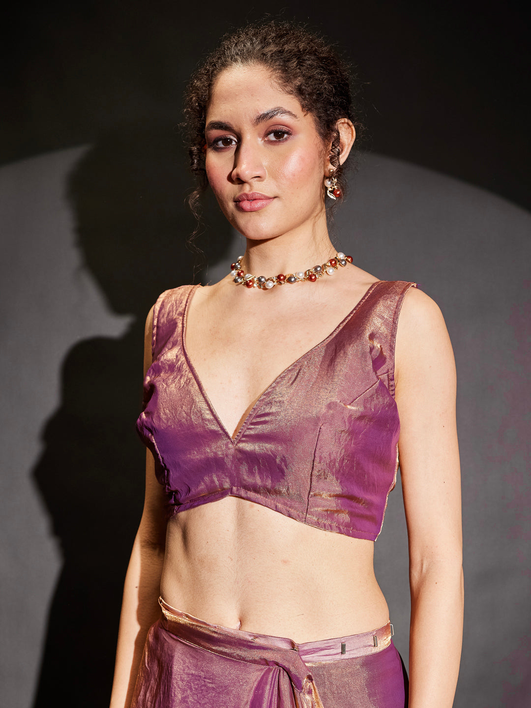 Janasya Women's Purple & Gold Tissue Silk One-Minute Ready-to-Wear Embellished Saree with Unstitched Blouse