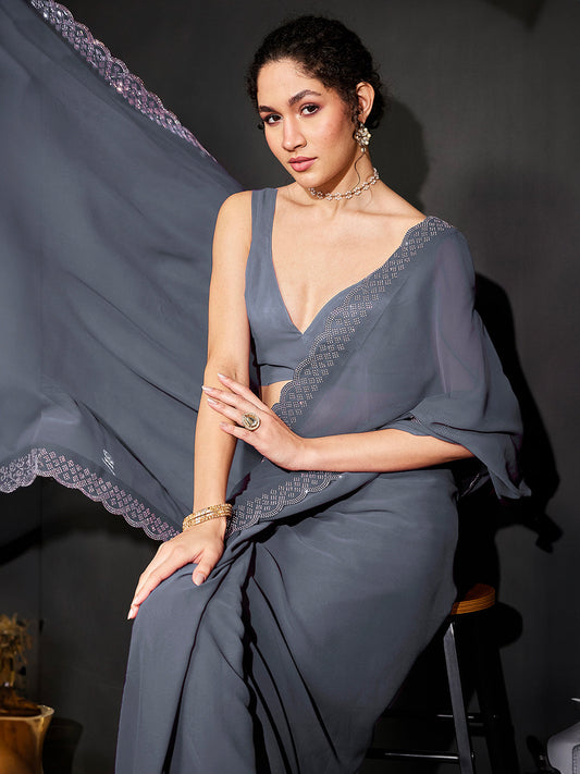 Janasya Women's Grey Georgette One-Minute Ready-to-Wear Embellished Saree with Unstitched Blouse