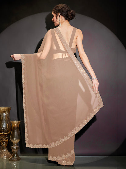 Janasya Women's Beige Georgette One-Minute Ready-to-Wear Embellished Saree with Unstitched Blouse