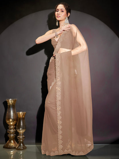 Janasya Women's Beige Georgette One-Minute Ready-to-Wear Embellished Saree with Unstitched Blouse