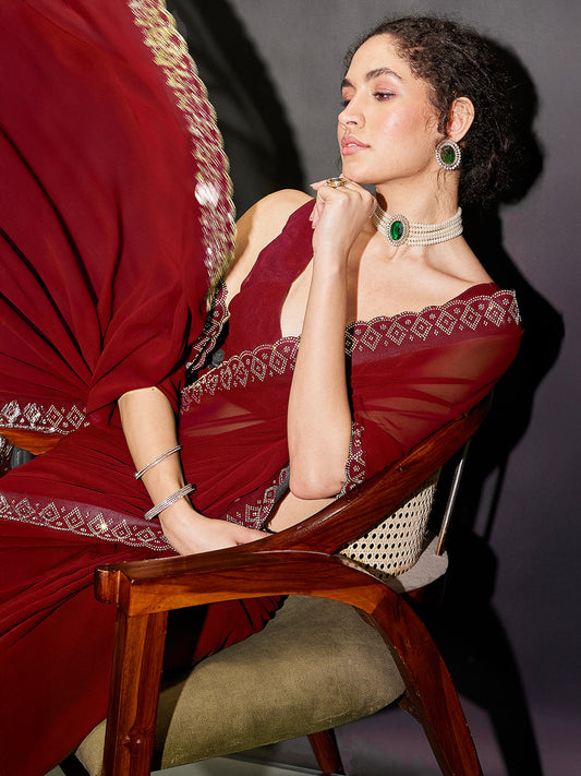 Janasya Women's Black Georgette One-Minute Ready-to-Wear Embellished Saree with Unstitched Blouse