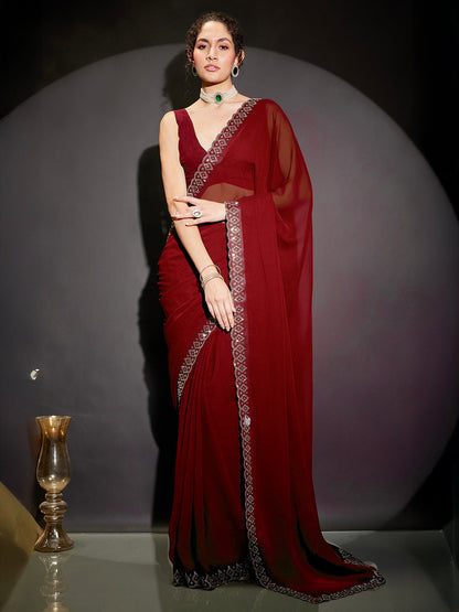Janasya Women's Black Georgette One-Minute Ready-to-Wear Embellished Saree with Unstitched Blouse