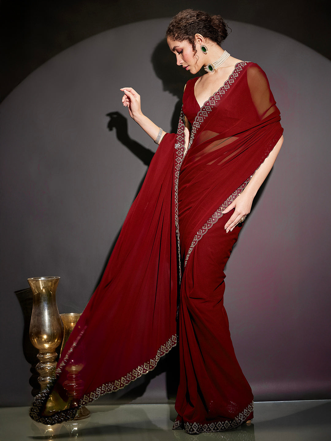Janasya Women's Black Georgette One-Minute Ready-to-Wear Embellished Saree with Unstitched Blouse