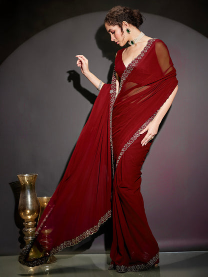 Janasya Women's Black Georgette One-Minute Ready-to-Wear Embellished Saree with Unstitched Blouse