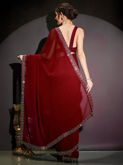 Janasya Women's Black Georgette One-Minute Ready-to-Wear Embellished Saree with Unstitched Blouse