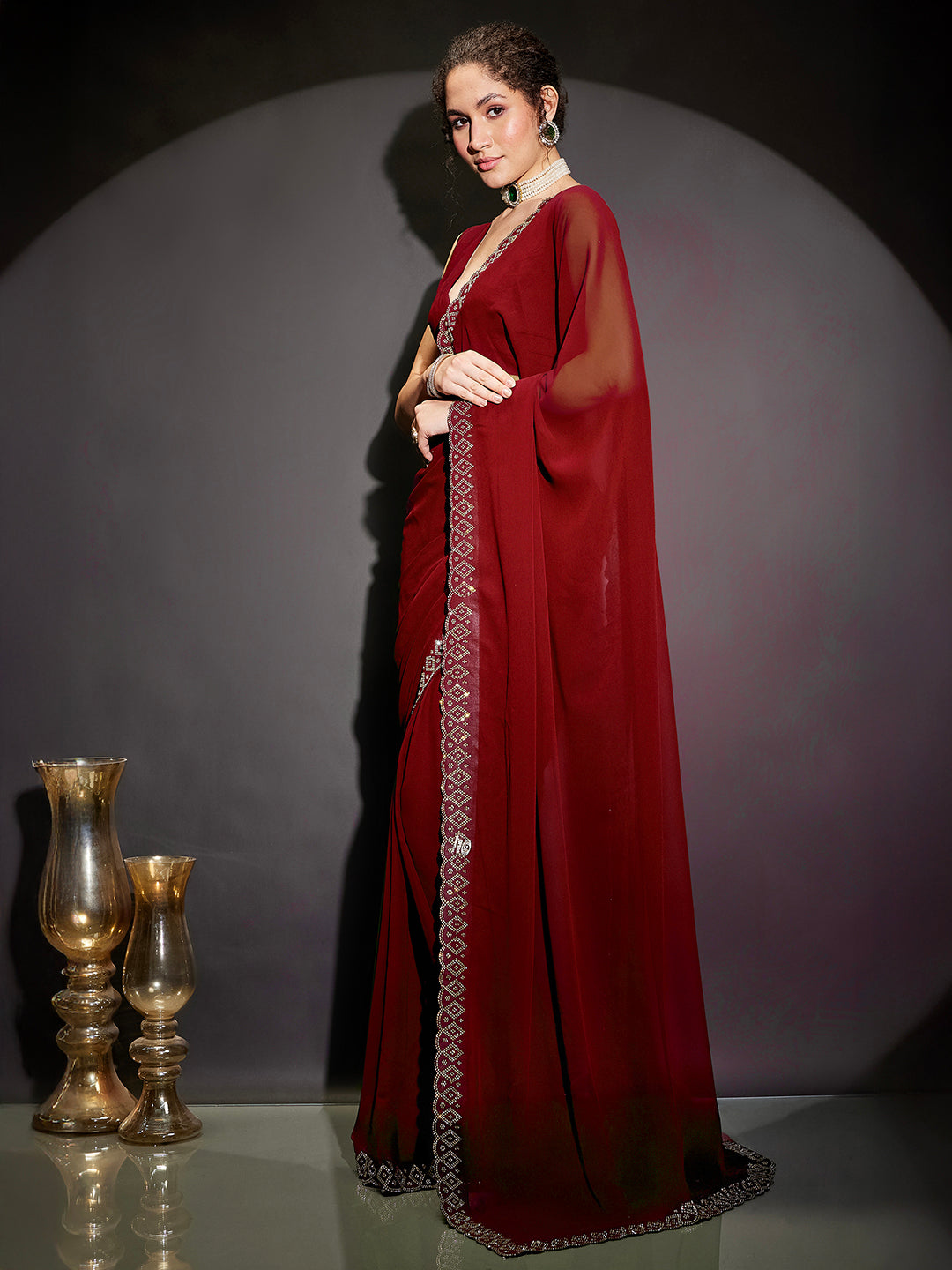 Janasya Women's Black Georgette One-Minute Ready-to-Wear Embellished Saree with Unstitched Blouse