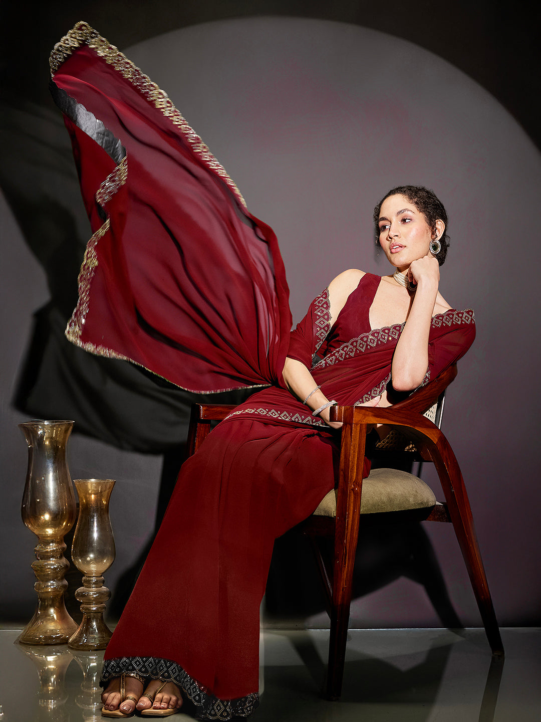 Janasya Women's Black Georgette One-Minute Ready-to-Wear Embellished Saree with Unstitched Blouse