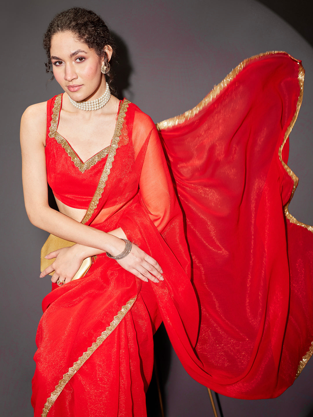 Janasya Women's Teal Green Silk Blend One-Minute Ready-to-Wear Embellished Shimmer Saree with Unstitched Blouse