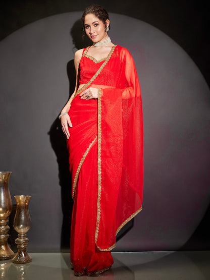 Janasya Women's Teal Green Silk Blend One-Minute Ready-to-Wear Embellished Shimmer Saree with Unstitched Blouse