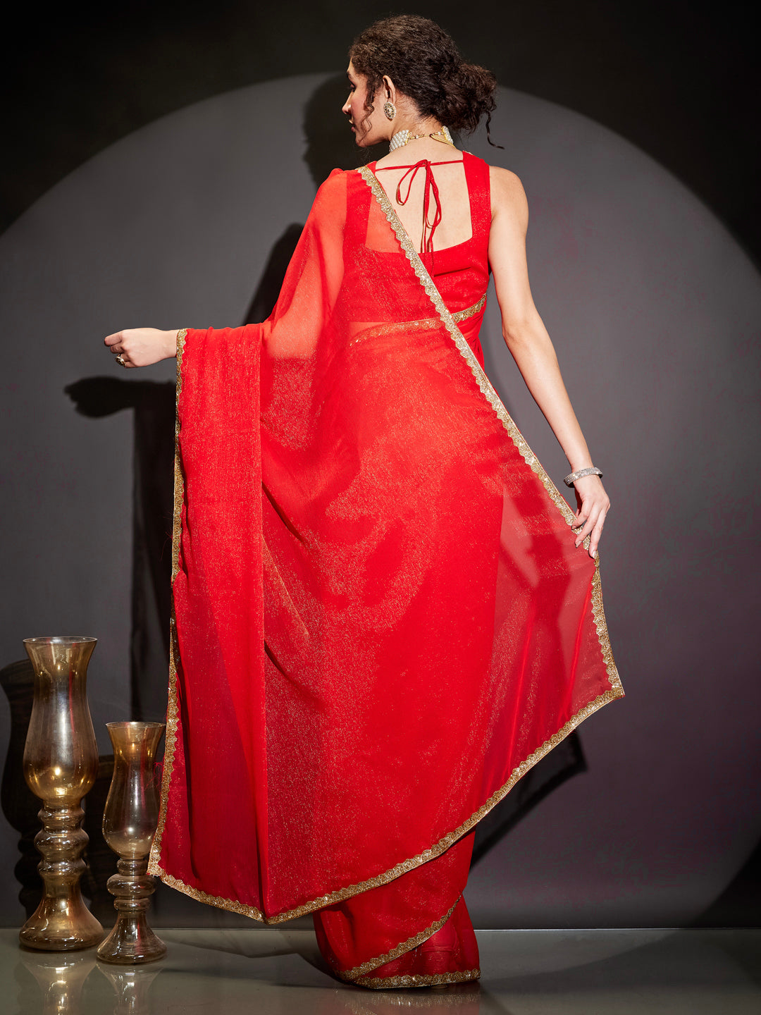 Janasya Women's Teal Green Silk Blend One-Minute Ready-to-Wear Embellished Shimmer Saree with Unstitched Blouse