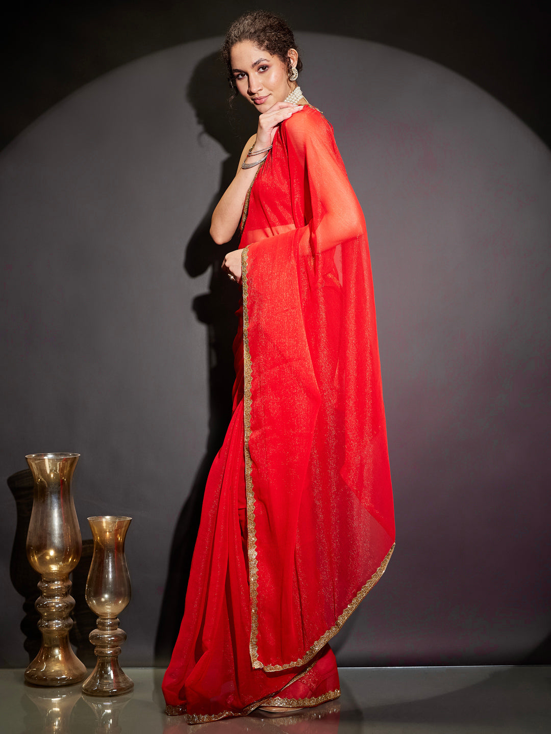 Janasya Women's Teal Green Silk Blend One-Minute Ready-to-Wear Embellished Shimmer Saree with Unstitched Blouse