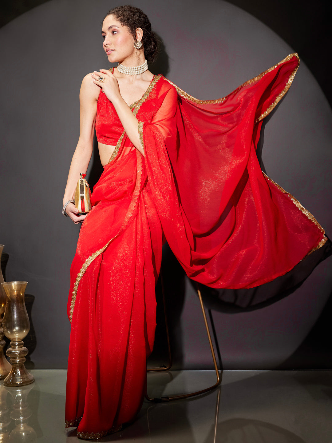 Janasya Women's Teal Green Silk Blend One-Minute Ready-to-Wear Embellished Shimmer Saree with Unstitched Blouse