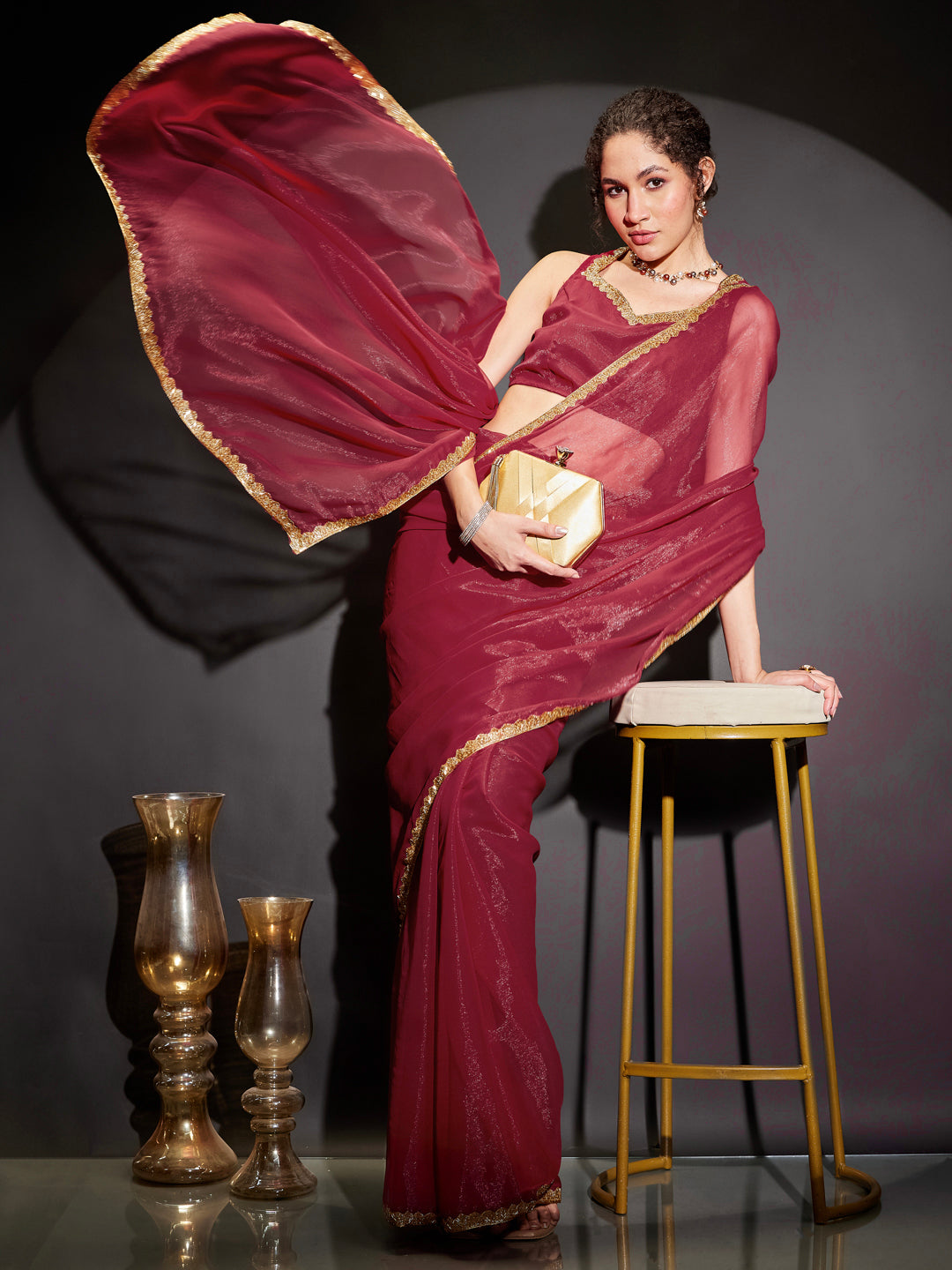 Janasya Women's Pink Silk Blend One-Minute Ready-to-Wear Embellished Shimmer Saree with Unstitched Blouse