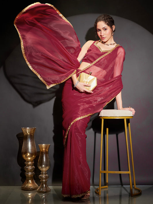 Janasya Women's Pink Silk Blend One-Minute Ready-to-Wear Embellished Shimmer Saree with Unstitched Blouse