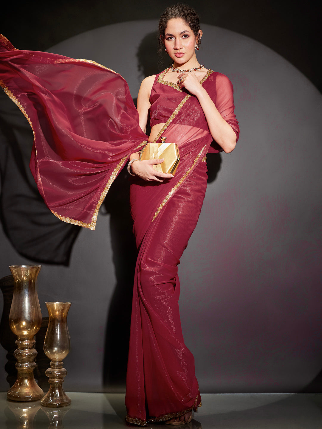 Janasya Women's Pink Silk Blend One-Minute Ready-to-Wear Embellished Shimmer Saree with Unstitched Blouse