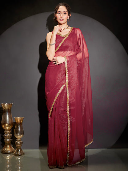 Janasya Women's Pink Silk Blend One-Minute Ready-to-Wear Embellished Shimmer Saree with Unstitched Blouse