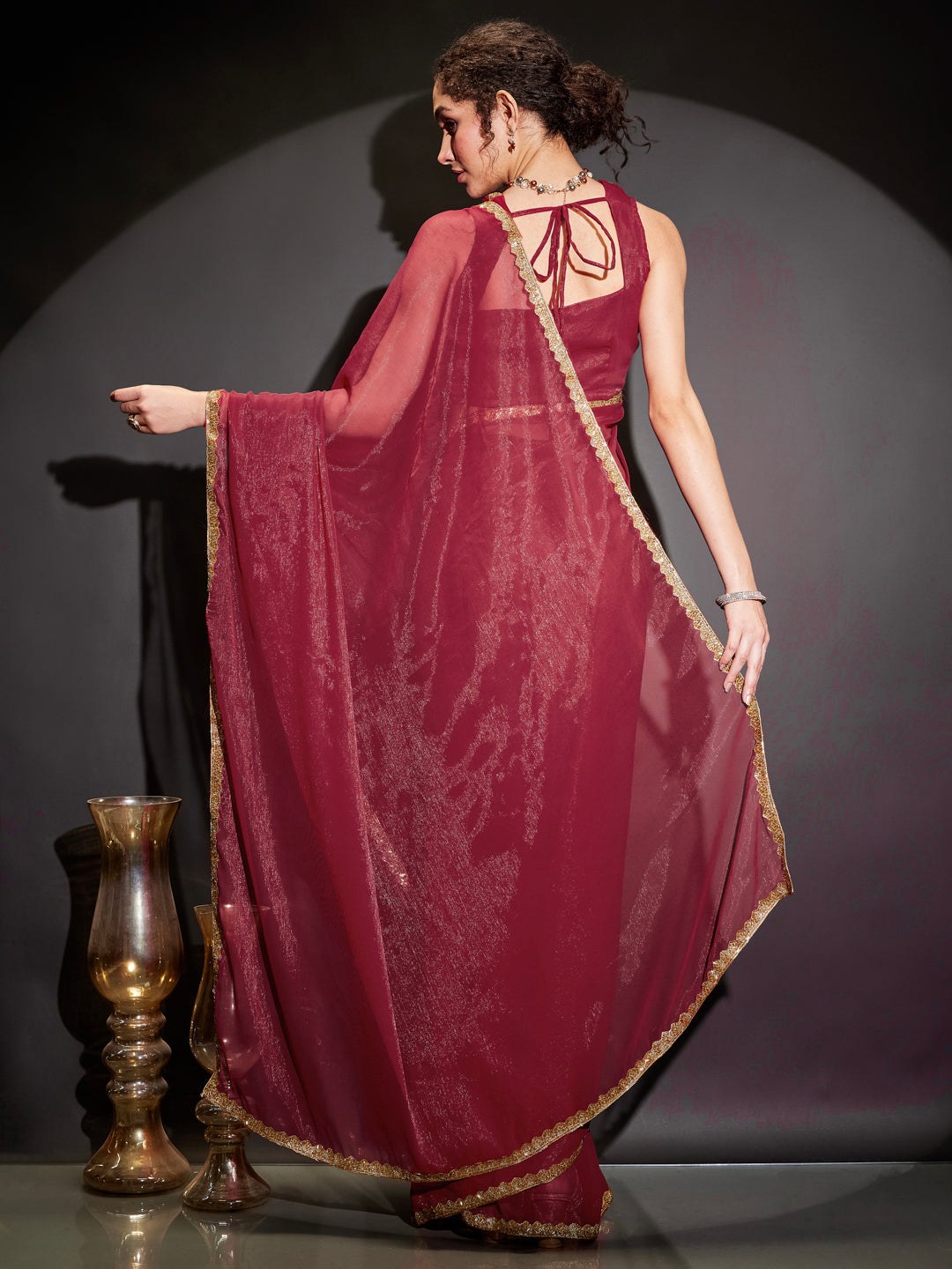 Janasya Women's Pink Silk Blend One-Minute Ready-to-Wear Embellished Shimmer Saree with Unstitched Blouse