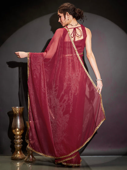 Janasya Women's Pink Silk Blend One-Minute Ready-to-Wear Embellished Shimmer Saree with Unstitched Blouse