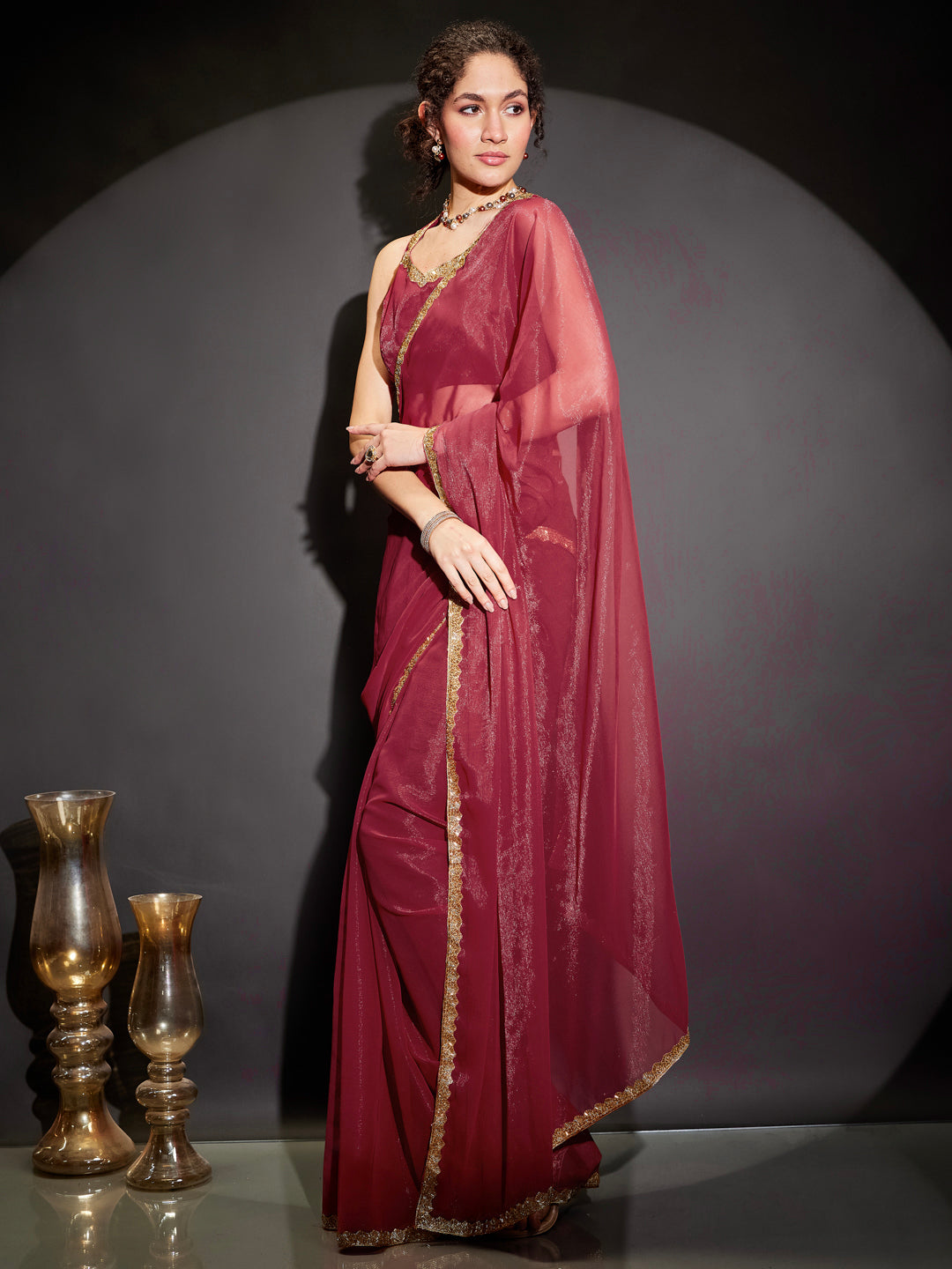 Janasya Women's Pink Silk Blend One-Minute Ready-to-Wear Embellished Shimmer Saree with Unstitched Blouse