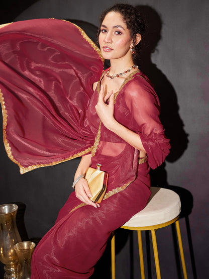 Janasya Women's Pink Silk Blend One-Minute Ready-to-Wear Embellished Shimmer Saree with Unstitched Blouse