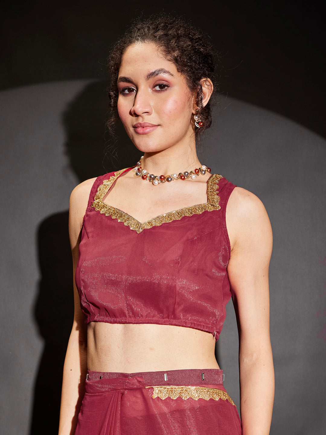 Janasya Women's Pink Silk Blend One-Minute Ready-to-Wear Embellished Shimmer Saree with Unstitched Blouse