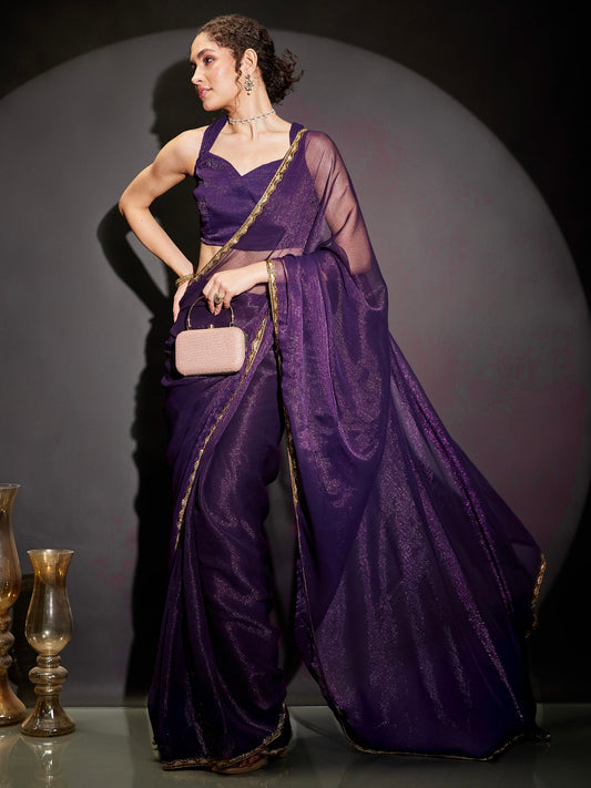 Janasya Women's Purple Silk Blend One-Minute Ready-to-Wear Embellished Shimmer Saree with Unstitched Blouse