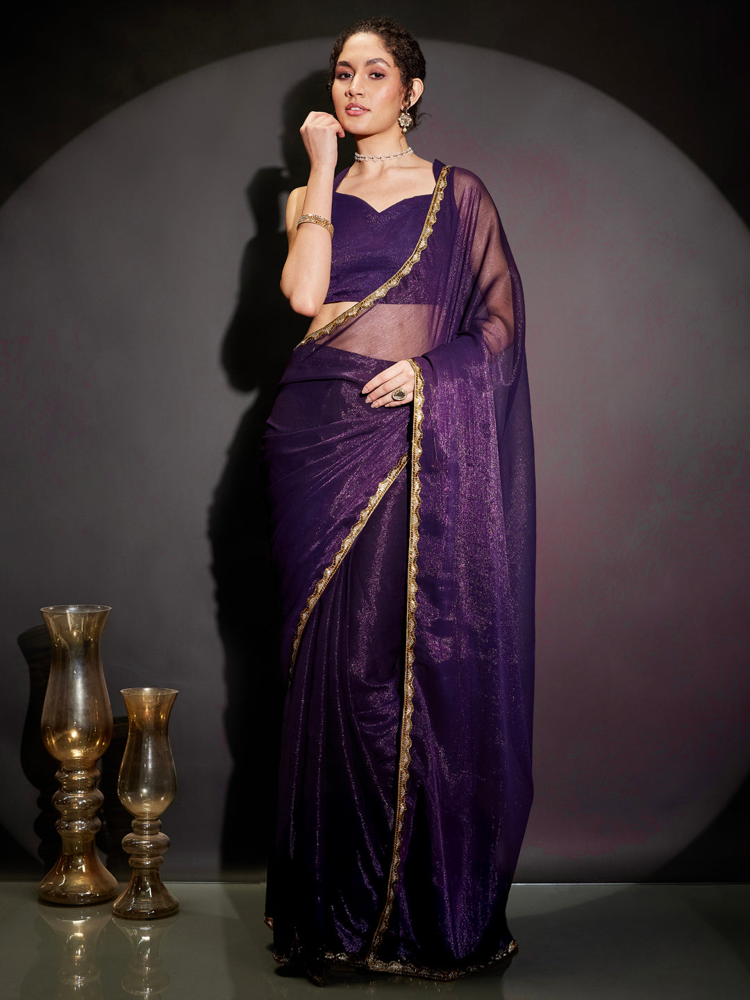Janasya Women's Purple Silk Blend One-Minute Ready-to-Wear Embellished Shimmer Saree with Unstitched Blouse