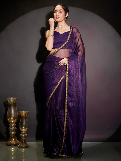 Janasya Women's Purple Silk Blend One-Minute Ready-to-Wear Embellished Shimmer Saree with Unstitched Blouse