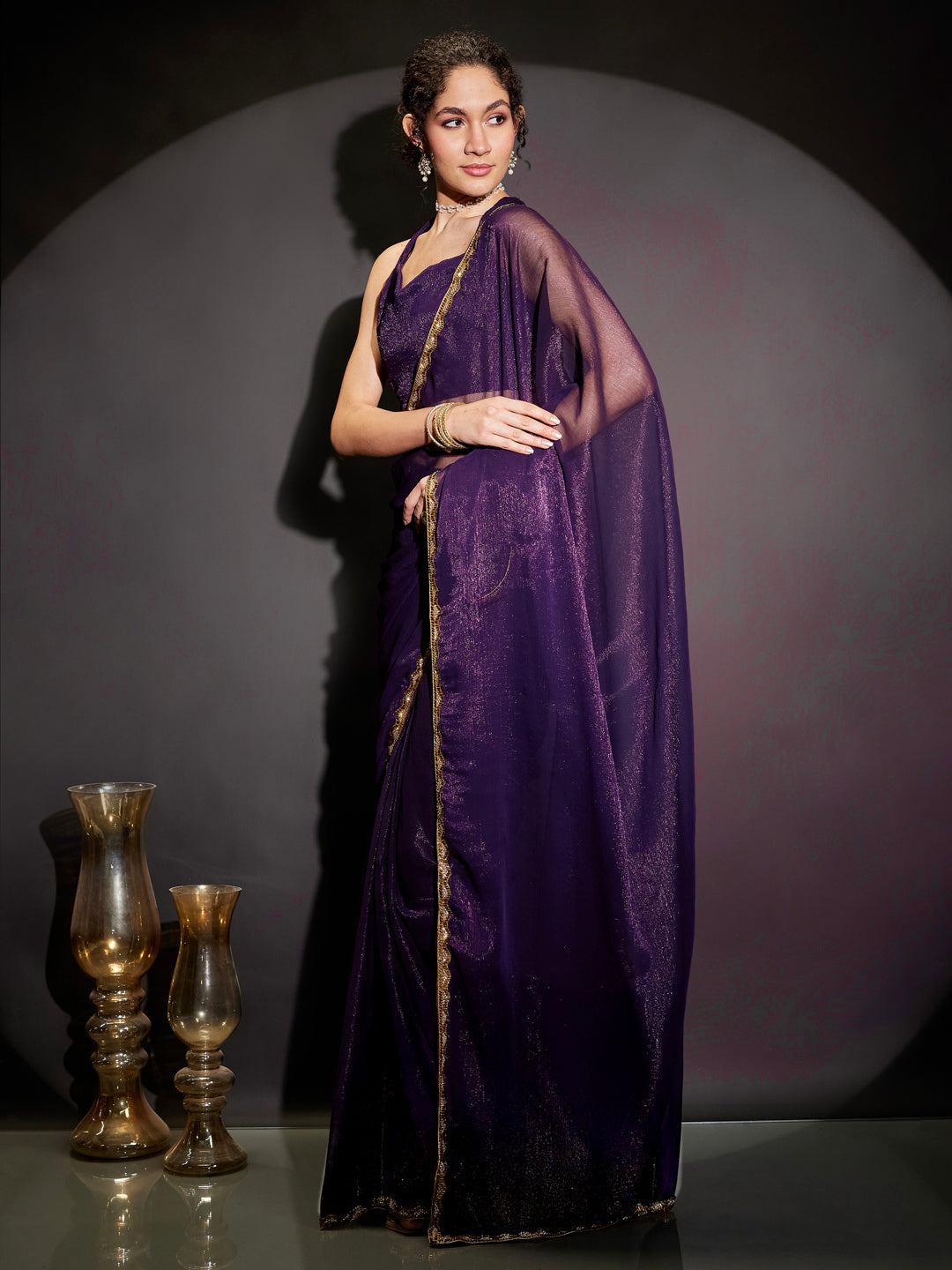 Janasya Women's Purple Silk Blend One-Minute Ready-to-Wear Embellished Shimmer Saree with Unstitched Blouse